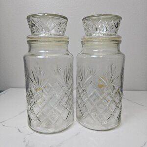 1983 Mr. Peanut Clear Glass Canister Planters Jar with Lid Logo Bottom Set of 2